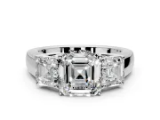 3 Stone Engagement Ring Setting for Asscher Cut Center with Raised Basket Heads and Prong Head in Platinum