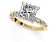 Solitaire Engagement Ring Setting for Princess Cut Center with Fine Pave Band and Claw Prong Head in Yellow Gold