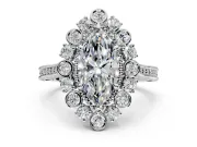 Milgrain Halo Engagement Ring Setting for Marquise Center with Bezel Point Accents and Prong Head in Platinum