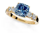 5 Stone Engagement Ring Setting for Fancy Blue Cushion Cut Center with Plain Band and Prong Head in Yellow Gold