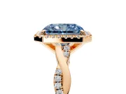 Halo Engagement Ring Setting for Fancy Blue Radiant Cut Center with Pave and Plain Twist Band and Prong Head in Rose Gold