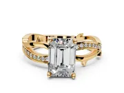 Solitaire Engagement Ring Setting for Emerald Cut Center with Pave and Plain Crossover Band and Prong Head in Yellow Gold