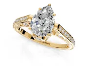 Cathedral Engagement Ring Setting for Pear-Shaped Center with Antique-Style Pave Band and Prong Head in Yellow Gold