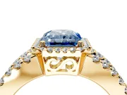 Halo Engagement Ring Setting for Fancy Blue Radiant Cut Center with Wide-Open Pave Split Shank and Prong Head in Yellow Gold