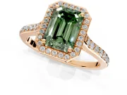 Halo Engagement Ring Setting for Fancy Green Emerald Cut Center with Pave Accents, Heart Basket and Prong Head in Rose Gold