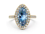 Halo Engagement Ring Setting for Fancy Blue Marquise Center with Narrowing Pave Band and Prong Head in Yellow Gold