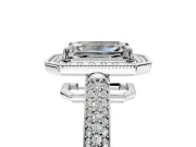 Milgrain Halo Engagement Ring Setting for Emerald Cut Center with Three-Sided Pave Band and Prong Head in Sterling Silver