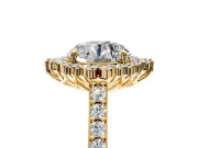 Sunburst Halo Engagement Ring Setting for Round Cut Center with Pave Band and Prong Head in Yellow Gold