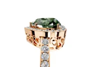 Halo Engagement Ring Setting for Fancy Green Heart-Shaped Center with Heart-Shaped Openwork, Pave Band and Prong Head in Rose Gold