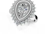 Halo Engagement Ring Setting for Pear-Shaped Center with Milgrain Bezel Rim, Plain Band and Prong Head in Platinum
