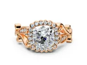 Halo Engagement Ring Setting for Cushion Cut Center with Leaf Motif Split Shank and Prong Head in Rose Gold