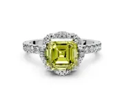 Floral Halo Engagement Ring Setting for Fancy Yellow Asscher Cut Center with Pave Band and Prong Head in Platinum