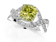 Halo Engagement Ring Setting for Fancy Yellow Cushion Cut Center with Pave Infinity Twist Band and Prong Head in White Gold