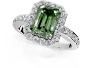 Halo Engagement Ring Setting for Fancy Green Emerald Cut Center with Heart-Shaped Openwork, Pave Band and Prong Head in Sterling Silver