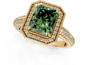 Milgrain Halo Engagement Ring Setting for Fancy Green Radiant Cut Center with Three-Sided Pave Band and Prong Head in Yellow Gold