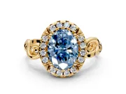 Halo Engagement Ring Setting for Fancy Blue Oval Center with Open Scroll Shoulders and Prong Head in Yellow Gold