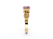 Leaf Engagement Ring Setting for Fancy Pink Cushion Cut Center with Milgrain Accent Band and Prong Head in Yellow Gold