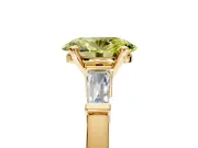 3 Stone Engagement Ring Setting for Fancy Yellow Oval Center with Channel Baguette Accents and Prong Head in Yellow Gold