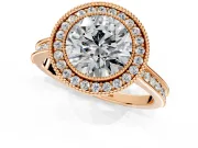 Halo Engagement Ring Setting for Round Cut Center with Milgrain Pave Band and Bezel Head in Rose Gold