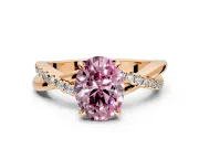 Crossover Engagement Ring Setting for Fancy Pink Oval Center with Pave and Plain Strands and Prong Head in Rose Gold