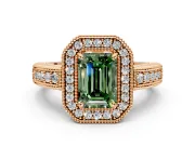 Milgrain Halo Engagement Ring Setting for Fancy Green Emerald Cut Center with Pave Band and Prong Head in Rose Gold