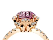 Halo Engagement Ring Setting for Fancy Pink Round Cut Center with Openwork Halo, Pave Band and Prong Head in Rose Gold