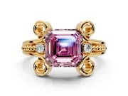Solitaire Engagement Ring Setting for Fancy Pink Asscher Cut Center with Twisted Band and Scroll Prong Head in Yellow Gold