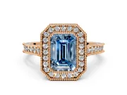 Halo Engagement Ring Setting for Fancy Blue Emerald Cut Center with Milgrain Pave Band and Bezel Head in Rose Gold