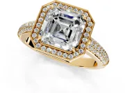 Milgrain Halo Engagement Ring Setting for Asscher Cut Center with Three-Sided Pave Band and Prong Head in Yellow Gold