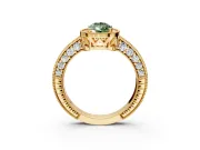 Milgrain Halo Engagement Ring Setting for Fancy Green Pear-Shaped Center with Wide Pave Band and Prong Head in Yellow Gold