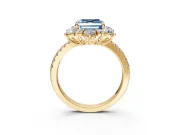 Floral Halo Engagement Ring Setting for Fancy Blue Asscher Cut Center with Pave Accents and Prong Head in Yellow Gold