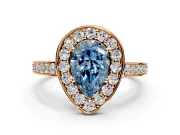 Bezel-Framed Halo Engagement Ring Setting for Fancy Blue Pear-Shaped Center with Pave Band and Prong Head in Rose Gold