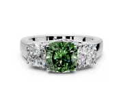 3 Stone Engagement Ring Setting for Fancy Green Cushion Cut Center with Raised Basket Heads and Prong Head in Sterling Silver