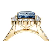 Halo Engagement Ring Setting for Fancy Blue Princess Cut Center with Single-Row Pave, Open Basket and Prong Head in Yellow Gold