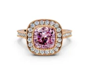 Halo Engagement Ring Setting for Fancy Pink Cushion Cut Center with Milgrain Frame, Pave Band and Prong Head in Rose Gold