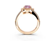 Milgrain Halo Engagement Ring Setting for Fancy Pink Cushion Cut Center with Three-Sided Pave Band and Prong Head in Rose Gold