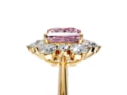 Small-Accent Cluster Halo Engagement Ring Setting for Fancy Pink Princess Cut Center with Plain Band and Prong Head in Yellow Gold