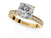 Milgrain Pave Engagement Ring Setting for Cushion Cut Center with Accent Band and Prong Head in Yellow Gold