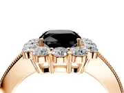 Halo Engagement Ring Setting for Fancy Black Cushion Cut Center with Milgrain Channel Band and Prong Head in Rose Gold