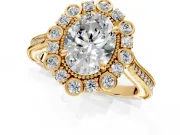 Milgrain Halo Engagement Ring Setting for Oval Center with Bezel Point Accents and Prong Head in Yellow Gold