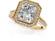 Halo Engagement Ring Setting for Radiant Cut Center with Milgrain Pave Band and Bezel Head in Yellow Gold