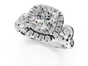 Halo Engagement Ring Setting for Cushion Cut Center with Open Scroll Shoulders and Prong Head in White Gold