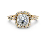 Halo Engagement Ring Setting for Cushion Cut Center with Inner Milgrain Border and Prong Head in Yellow Gold