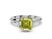 Solitaire Engagement Ring Setting for Fancy Yellow Asscher Cut Center with Milgrain Cathedral Band and Prong Head in Platinum