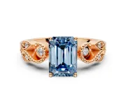 Leaf Engagement Ring Setting for Fancy Blue Emerald Cut Center with Milgrain Accent Band and Prong Head in Rose Gold