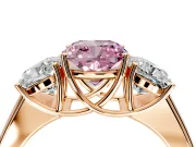 3 Stone Engagement Ring Setting for Fancy Pink Cushion Cut Center with Raised Basket Heads and Prong Head in Rose Gold