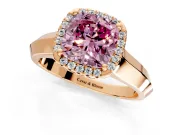 Halo Engagement Ring Setting for Fancy Pink Cushion Cut Center with Knife Ridge Cathedral Band and Prong Head in Rose Gold