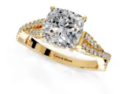 Solitaire Engagement Ring Setting for Cushion Cut Center with Twisted Pave Split Shank and Prong Head in Yellow Gold