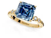 Solitaire Engagement Ring Setting for Fancy Blue Asscher Cut Center with Bezel-Dot Beaded Band and Prong Head in Yellow Gold