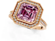 Halo Engagement Ring Setting for Fancy Pink Asscher Cut Center with Milgrain Pave Band and Bezel Head in Rose Gold